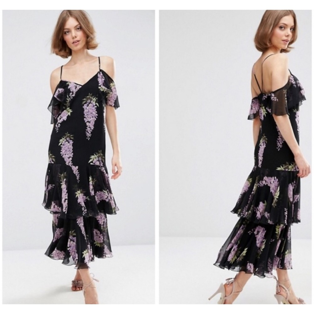 NEW ASOS Women 8 Midi Dress Wisteria Floral Ruffle Cold Shoulder Garden Romantic